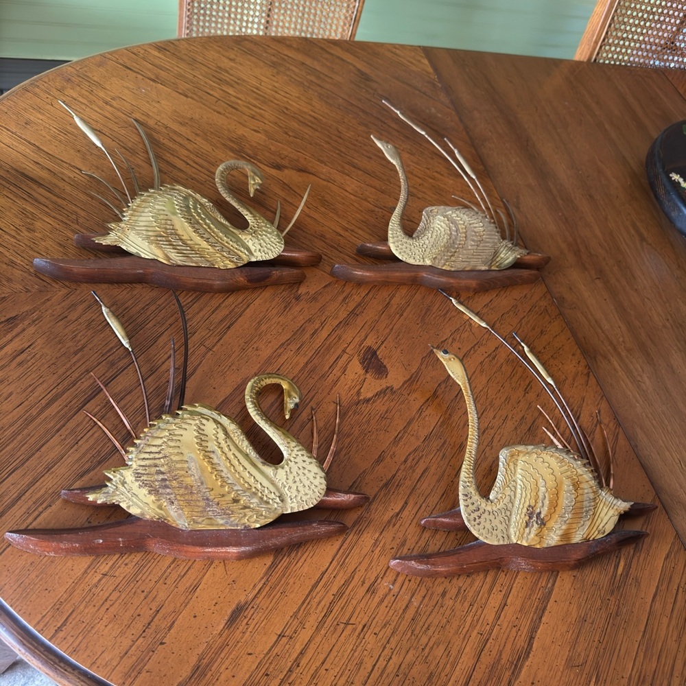 Brass Swan Wall Art Set with Wooden Bases - Set of 4